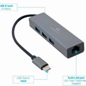 Hub Type-C a 3xUSB 3.0 / 1x RJ45 Gigabit / 17 cm / A-CMU3-LAN-01